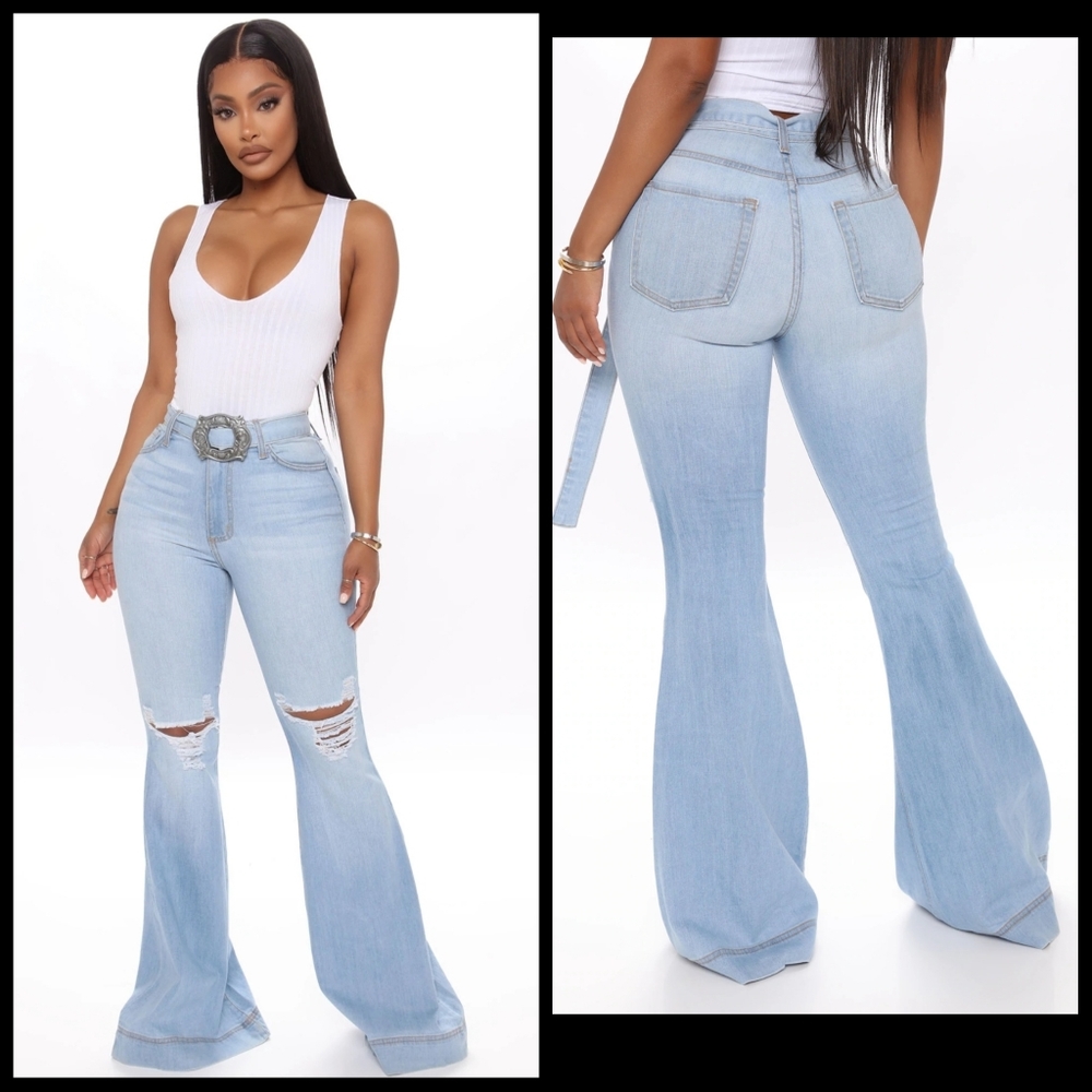 Light wash Belted Bell Bottom Jeans